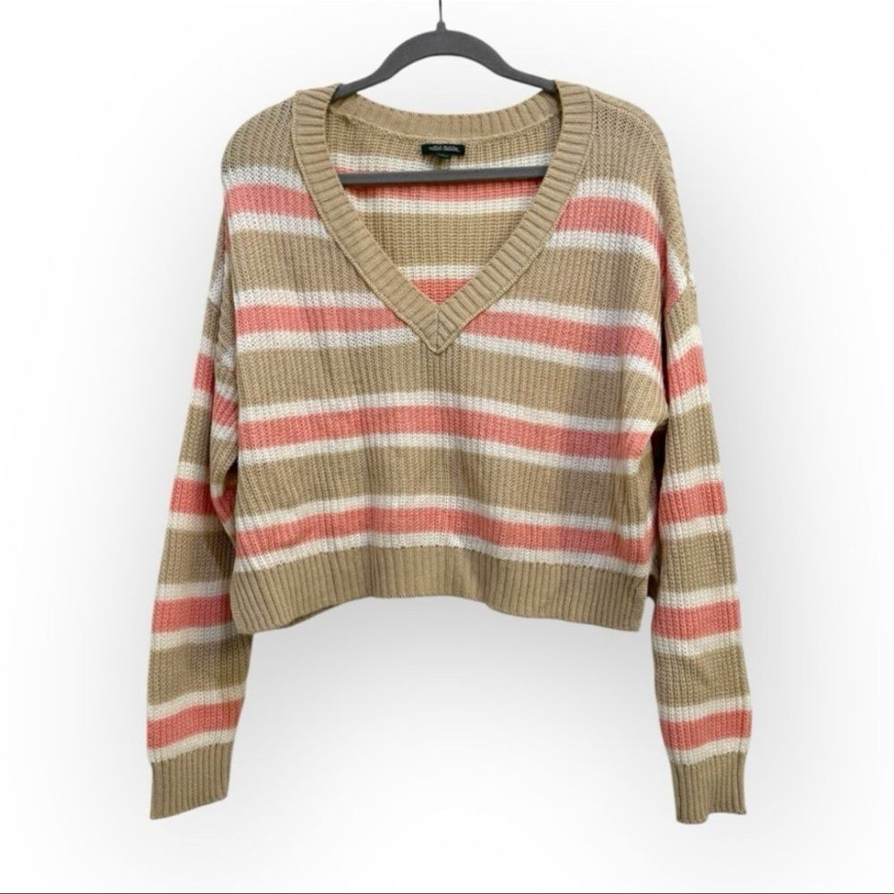Wild Fable Tan and Pink Striped V-Neck Sweater - Size Large - Picture 1 of 5
